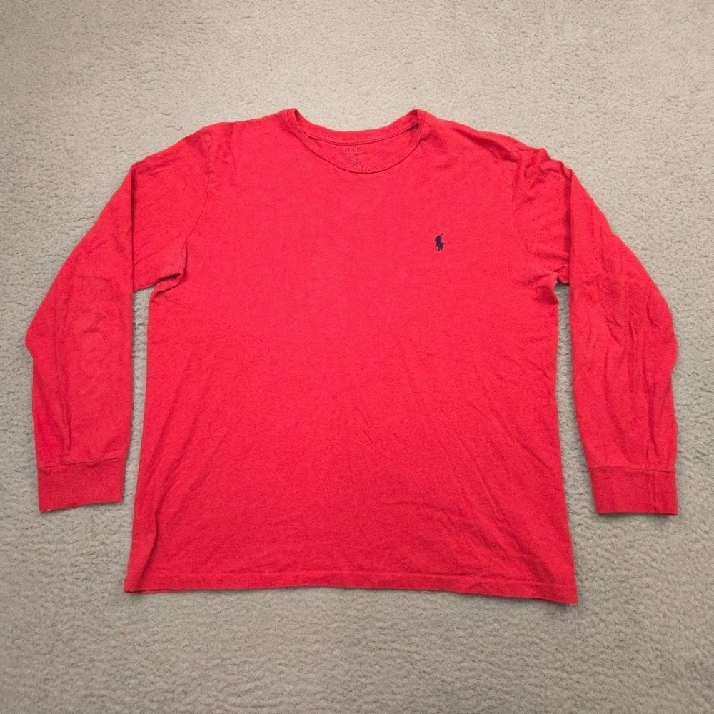 Polo Ralph Lauren Mens L Long Sleeve Tee Shirt‎ Red Crewneck Navy Pony Logo